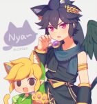  2boys ahoge angel angel_wings animal_ears black_scarf blonde_hair cat_ears cat_tail dark_pit fangs kid_icarus kid_icarus_uprising laurel_crown link looking_at_viewer multiple_boys pointy_ears red_eyes scarf super_smash_bros. tail the_legend_of_zelda the_legend_of_zelda:_the_wind_waker toon_link vambraces wings wusagi2 