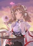  +_+ 1girl absurdres animal_ears arknights breasts brown_hair cake cake_slice cloud coat coat_on_shoulders commentary_request eating eyjafjalla_(arknights) food fork grey_skirt hand_up heart highres holding holding_fork horns long_hair medium_breasts outdoors pleated_skirt red_eyes shitomu1 sitting skirt sky solo sunset twintails white_coat white_horns 