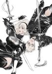  1boy 1girl 2b_(nier:automata) 7gnok 9s_(nier:automata) absurdres black_choker black_dress black_footwear black_gloves black_hairband black_jacket black_shorts black_thighhighs blue_eyes bob_cut boots breasts choker cleavage cleavage_cutout clothing_cutout dress feet_out_of_frame gloves hairband highres holding holding_sword holding_weapon jacket juliet_sleeves katana long_sleeves medium_breasts mole mole_under_mouth nier:automata nier_(series) parted_lips pendant_choker puffy_sleeves short_hair shorts side_slit smile sword thigh_boots thighhighs thighs turtleneck turtleneck_dress weapon white_background white_hair 