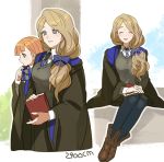  2900cm 2girls annette_fantine_dominic artist_name blonde_hair blue_eyes book bow closed_eyes closed_mouth fire_emblem fire_emblem:_three_houses green_eyes hair_bow harry_potter hogwarts_school_uniform holding holding_book long_hair long_sleeves low_ponytail mercedes_von_martritz multiple_girls necktie open_mouth orange_hair pantyhose ravenclaw school_uniform sitting uniform wide_sleeves 