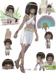  1girl anklet black_hair bracelet circlet dark-skinned_female dark_skin echj egyptian feather_fan full_body green_eyes hair_ornament highres jewelry looking_at_viewer midriff object_on_head original sandals sitting skirt smile 