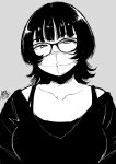  1girl absurdres dated glasses greyscale hadashi_no_kenji highres looking_at_viewer mask medium_hair monochrome mouth_mask original shirt simple_background solo upper_body 