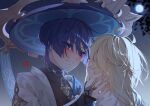  2boys aether_(genshin_impact) ahoge black_gloves black_shirt blonde_hair blue_cape blue_hat blue_sky blunt_ends blush braid buzheng61241 cape closed_mouth covered_collarbone elbow_gloves eyeshadow fingerless_gloves fingernails full_moon genshin_impact gloves gold_necklace gold_ring gradient_sky grey_sky hair_between_eyes hand_up hat highres jewelry jingasa leaf long_hair looking_at_another makeup male_focus mandarin_collar moon multiple_boys necklace night night_sky open_clothes open_vest outdoors purple_eyes purple_hair red_eyeshadow ring scaramouche_(genshin_impact) scarf shirt short_hair sky sleeveless sleeveless_shirt standing star_(sky) starry_sky upper_body v-shaped_eyebrows vest wanderer_(genshin_impact) white_scarf white_vest yaoi 