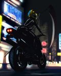  1girl animal_helmet black_bodysuit blurry blurry_background bodysuit building celty_sturluson city city_lights durarara!! ground_vehicle helmet lev_bannikov motor_vehicle motorcycle motorcycle_helmet night outdoors scythe skyscraper solo 