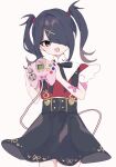  1girl :d ame-chan_(needy_girl_overdose) bandaid black_eyes black_hair black_ribbon black_skirt collared_shirt commentary_request controller cowboy_shot game_controller hair_ornament hair_over_one_eye hands_up holding holding_controller holding_game_controller kabe_(zp66104) long_hair looking_at_viewer neck_ribbon needy_girl_overdose open_mouth red_shirt ribbon shirt simple_background skirt smile solo standing suspender_skirt suspenders twintails white_background x_hair_ornament 