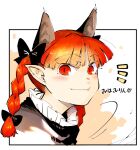  1girl animal_ears black_border black_bow black_dress border bow braid cat_ears collar commentary_request daitai_konna_kanji dress extra_ears frilled_collar frills hair_bow kaenbyou_rin looking_at_viewer notice_lines pointy_ears portrait red_eyes red_hair slit_pupils smile solo touhou twin_braids white_background 