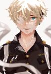  1boy aqua_eyes bandages black_jacket blonde_hair crying earrings eyepatch gold_buttons hair_between_eyes highres jacket jewelry looking_at_viewer male_focus matsuno_chifuyu nitijoy2 open_mouth short_hair single_earring smile solo tears tokyo_revengers undercut upper_body wavy_hair white_background 