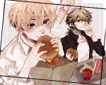  2boys bag black_hair black_jacket blonde_hair blue_eyes brown_eyes burger collared_shirt cup disposable_cup drinking_straw food food_in_mouth food_on_face french_fries hair_between_eyes hanemiya_kazutora highres holding holding_food jacket long_sleeves looking_at_viewer male_focus matsuno_chifuyu multicolored_hair multiple_boys neck_tattoo nitijoy2 paper_bag shirt short_hair streaked_hair tattoo tokyo_revengers undercut upper_body wavy_hair white_shirt wiping_mouth 