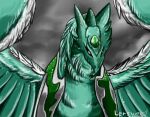  2017 ambiguous_gender avian bakugan bakugan_(series) black_sclera cloud detailed_background digital_drawing_(artwork) digital_media_(artwork) feathered_wings feathers feral forehead_gem front_view fur gem green_body green_feathers lersy outside overcast pupils shaded signature sky skyress_(bakugan) solo wings 