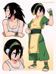  1girl :/ absurdres avatar:_the_last_airbender avatar_legends barefoot blind breasts crossed_arms dashi_(dashiart) frown hair_bun hair_down highres simple_background single_hair_bun smile solo standing tank_top toph_bei_fong 