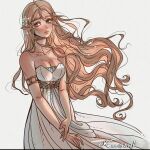  1girl armband artist_name bare_shoulders blonde_hair blush breasts cleavage closed_mouth collarbone dress flower green_eyes hair_flower hair_ornament kalisami1 long_hair looking_to_the_side medium_breasts pointy_ears princess_zelda silent_princess simple_background solo the_legend_of_zelda the_legend_of_zelda:_breath_of_the_wild white_background white_dress 