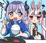  2girls ? absurdres androgynous animal_ears bandeau black_dress blue_background blue_jacket blush_stickers bowl bright_pupils commentary_request criss-cross_halter demon_horns dress eating flat_chest frilled_hairband frills furrowed_brow hairband halter_dress halterneck highres hikimayu holding holding_bowl horns indie_virtual_youtuber jacket jitome long_pointy_ears looking_at_another looking_back mimic_(vtuber) multiple_girls no_pupils open_mouth parka pink_eyes pink_hair pointy_ears purple_hair rabbit_ears rabbit_girl rice rice_bowl short_hair short_sleeves simple_background small_sweatdrop smile sumikawa_(sumikawa8v) tomari_mari triangle_mouth twintails v-shaped_eyebrows virtual_youtuber white_bandeau white_pupils yakiniku 