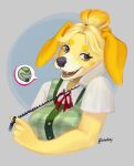 2023 accessory animal_crossing anthro artist_name black_nose blonde_hair breasts brown_eyes bust_portrait canid canine canis clothed clothing digital_media_(artwork) domestic_dog eyelashes fangs female floppy_ears fur hair hair_accessory hair_tie hi_res isabelle_(animal_crossing) looking_at_viewer mammal nakoji nintendo open_mouth phone_call portrait shih_tzu solo teeth toy_dog yellow_body yellow_fur