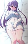  1girl 3: absurdres bed blush borrowed_clothes bra_visible_through_clothes closed_mouth collared_shirt commentary_request dress_shirt feet_out_of_frame highres kaede_tomomi long_hair long_sleeves looking_at_viewer lying on_back on_bed panties purple_hair raramagi red_eyes see-through shirt solo thighs underwear very_long_hair white_shirt zanpon 