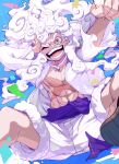  1boy abs bare_pectorals chest_tattoo clenched_hand commentary_request confetti hagoromo hair_up hand_on_own_face highres lugh monkey_d._luffy one_eye_closed one_piece open_clothes open_mouth open_shirt pectorals pink_eyes purple_sash sash scar scar_on_face shawl shirt shorts sparkle tattoo white_hair white_shirt white_shorts 