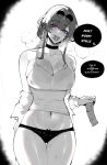  1girl absurdres breasts cleavage condom condom_in_mouth condom_wrapper eyewear_on_head greyscale heavy_breathing highres honkai:_star_rail honkai_(series) kafka_(honkai:_star_rail) large_breasts long_hair looking_at_viewer masoq monochrome mouth_hold navel panties purple_eyes smile solo spot_color sweat tank_top underwear 