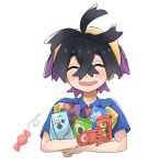  1boy :d aritsune01 black_hair blue_shirt blush_stickers candy_wrapper closed_eyes collared_shirt colored_inner_hair crossed_bangs facing_viewer gloves hair_between_eyes hairband kieran_(pokemon) male_focus mole mole_on_neck motion_lines multicolored_hair open_mouth pokemon pokemon_sv red_gloves shirt short_hair simple_background smile solo upper_body white_background yellow_hairband 