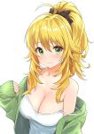  absurdres ahoge b1ack_illust black_ribbon blonde_hair blush breasts camisole cleavage closed_mouth collarbone dot_nose green_eyes green_sweater hair_between_eyes hair_over_shoulder hair_ribbon highres hoshii_miki idolmaster idolmaster_(classic) idolmaster_million_live! idolmaster_million_live!_theater_days large_breasts light_smile long_hair looking_at_viewer messy_hair off_shoulder official_alternate_hairstyle ponytail ribbon sidelocks simple_background spaghetti_strap sweater upper_body white_background white_camisole 