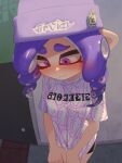  1girl beanie bike_shorts blush domino_mask eyelashes hat highres long_hair mask octoling octoling_girl octoling_player_character organ_rn pointy_ears purple_eyes purple_hair sidelocks splatoon_(series) splatoon_3 sweat tentacle_hair thick_eyebrows 