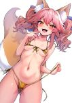  1girl :d absurdres aged_down animal_ear_fluff animal_ears ass_visible_through_thighs bare_shoulders bikini blush bow breasts cowboy_shot fang fate/extra fate_(series) fox_ears fox_girl fox_tail gold_bikini groin hair_between_eyes highres looking_at_viewer navel open_mouth pink_hair ribbon sidelocks simple_background small_breasts smile solo standing swimsuit tail tamamo_(fate) tamamo_no_mae_(fate/extra) thighs twintails two_side_up untied_bikini untied_bikini_bottom white_background wisespeak yellow_bikini yellow_eyes 