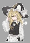  1girl absurdres apron black_hat black_vest blonde_hair bow braid buttons chu_(yuzumeno) commentary_request cropped_legs dress eyes_visible_through_hair frilled_apron frills grey_background hair_between_eyes hair_bow hand_in_pocket hand_up hat hat_bow highres kirisame_marisa long_hair long_sleeves looking_at_viewer open_mouth outline puffy_long_sleeves puffy_sleeves side_braid simple_background single_braid solo spoken_sweatdrop sweatdrop touhou upper_body vest white_apron white_bow white_dress white_outline witch_hat yellow_eyes 