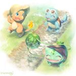  :d bulbasaur charmander closed_eyes commentary_request day fangs food fruit grass hat highres holding nijuuni_(njn_22) no_humans open_mouth outdoors pokemon pokemon_(creature) smile squirtle starter_pokemon_trio straw_hat sunglasses wading water watermelon 