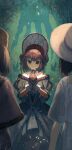  3girls black_eyes black_hair blurry bonnet breasts capelet choker closed_mouth depth_of_field dress fate/grand_order fate_(series) fur-trimmed_capelet fur-trimmed_dress fur-trimmed_headwear fur_hat fur_trim green_dress hair_between_eyes hat highres juliet_sleeves kuonji_alice lack long_sleeves mahou_tsukai_no_yoru multiple_girls multiple_persona off-shoulder_dress off_shoulder own_hands_clasped own_hands_together puffy_sleeves ribbon short_hair small_breasts smile sun_hat sundress ushanka 