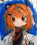  1girl a.i._voice adachi_rei blue_background closed_mouth computer_chip crayon_(medium) hair_between_eyes hair_ornament headlamp highres jacket looking_at_viewer medium_hair mizu_(_mizuo_o) one_side_up open_clothes open_jacket orange_eyes orange_hair pastel_(medium) radio_antenna solo traditional_media turtleneck upper_body utau white_jacket 