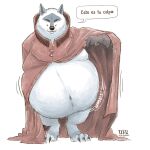  2024 anthro belly big_belly canid canine canis claws cloak clothing death_(puss_in_boots) dialogue dragontzin dreamworks front_view fur gloves handwear hi_res looking_at_viewer male mammal mostly_nude motion_lines mouth_closed navel obese obese_anthro obese_male overweight overweight_anthro overweight_male puss_in_boots_(dreamworks) red_cloak red_clothing red_eyes signature solo sound_effects speech_bubble standing talking_to_viewer text tiptoes toe_claws wobbling wolf 