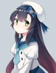  1girl :&lt; bangs beret blue_neckwear blue_sailor_collar blue_skirt blush buttons closed_mouth eyebrows_visible_through_hair freckles gradient_hair green_eyes grey_background hat highres kantai_collection katsuobushi_(eba_games) long_hair long_sleeves matsuwa_(kantai_collection) multicolored_hair neckerchief pleated_skirt purple_hair ribbon sailor_collar sailor_hat school_uniform serafuku sidelocks simple_background skirt solo upper_body white_headwear 