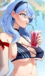  1girl ako_(blue_archive) alternate_costume animal_collar bikini black_bikini blue_archive blue_eyes blue_hair blush breasts collar cross-laced_bikini cross-laced_clothes cup disposable_cup drink drinking drinking_straw fingernails halo highres holding holding_cup kaiso_(kaisooekaki) looking_ahead nail_polish piercing_hole sideboob solo sweat swimsuit underboob upper_body 