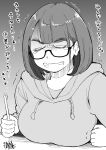  1girl absurdres breasts clenched_hands clenched_teeth glasses gradient_background greyscale hadashi_no_kenji highres holding holding_pencil hood hood_down hoodie jimiko large_breasts medium_hair monochrome original parted_bangs pencil semi-rimless_eyewear simple_background solo tearing_up teeth under-rim_eyewear upper_body 