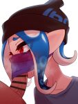  1boy 1girl beanie blue_hair blush breath cum fellatio fellatio_under_mask hat hetero highres mask medium_hair mouth_mask octoling_girl octoling_player_character oral organ_rn penis pointy_ears red_eyes saliva sidelocks simple_background splatoon_(series) steam steaming_body surgical_mask tentacle_hair thick_eyebrows white_background 