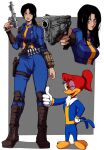  2girls absurdres black_hair blue_jumpsuit boots breasts character_request fallout_(prime_video) fallout_(series) gloves gun highres holding holding_gun holding_weapon jumpsuit jumpsuit_around_waist kekel long_hair looking_at_viewer lucy_maclean multiple_girls orange_eyes ponytail red_hair simple_background smile toon_(style) vault_suit weapon 