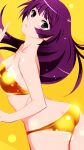  1girl absurdres ass bakemonogatari bikini blue_eyes blunt_bangs breasts cleavage from_below gold_bikini highres long_hair medium_breasts monogatari_(series) purple_hair senjougahara_hitagi solo strapless strapless_bikini swimsuit tanaka_yutaka yellow_background 