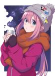  beanie black_gloves blue_eyes brown_scarf cup down_jacket fingerless_gloves gloves grey_hat hair_between_eyes hat holding holding_cup hot_drink jacket kagamihara_nadeshiko long_hair looking_at_viewer mirai_denki parted_lips pink_hair pink_jacket pom_pom_(clothes) pom_pom_beanie scarf upper_body yurucamp 