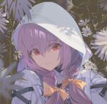  1girl absurdres atsuko_(blue_archive) blue_archive blurry closed_mouth commentary_request depth_of_field flower hair_over_shoulder hair_ribbon highres hood hood_up hooded_jacket huaano jacket looking_at_viewer portrait purple_hair red_eyes ribbon smile solo white_flower white_jacket yellow_ribbon 