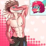  1:1 2024 5_fingers abs abstract_background anime_nosebleed anthro areola athletic athletic_anthro athletic_male blue_eyes blush brachiosaurid brachiosaurus brown_hair cavemanon_studios clothed clothing damien_payne digital_drawing_(artwork) digital_media_(artwork) dilophosaurid dilophosaurus dinosaur duo eyelashes female fingers frill_(anatomy) green_body green_scales hair hand_behind_head heart_eyes heart_symbol hi_res i_wani_hug_that_gator liz_farlane long_neck male multicolored_body multicolored_scales nipples one_eye_closed pecs pink_hair red_body red_scales reptile sauropod sauropodomorph scales scalie sharp_teeth short_hair sir_rockect smile tan_body tan_scales teal_eyes teeth theropod topless topless_anthro topless_male turquoise_body turquoise_scales two_tone_body two_tone_scales wink 