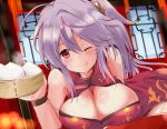  1girl alternate_costume azur_lane bamboo_steamer bangs baozi breasts china_dress chinese_clothes cleavage cleavage_cutout dress food grenville_(azur_lane) hair_ornament highres large_breasts lavender_hair long_hair multicolored_hair one_eye_closed one_side_up purple_hair red_eyes smile solo steam sweat tonchinkan 