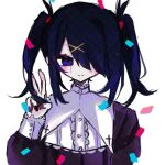  1girl 4_(nn_1_zo) ame-chan_(needy_girl_overdose) black_hair blue_eyes center_frills closed_mouth commentary_request confetti cross_print frills hair_ornament hair_over_one_eye hand_up long_hair long_sleeves looking_at_viewer needy_girl_overdose puffy_long_sleeves puffy_sleeves smile solo twintails upper_body v white_background x_hair_ornament 