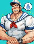  1boy anchor_symbol another_eidos-r aqua_background bara beard_stubble black_hair blue_sailor_collar blush collarbone covered_nipples embarrassed facial_hair hat highres holding_own_wrist large_pectorals looking_down male_focus muscular muscular_male mutton_chops neckerchief pectorals pyce_sailor_(another_eidos) red_neckerchief sailor sailor_collar sailor_hat sailor_shirt shirt short_hair simple_background solo sparse_arm_hair spoken_sweatdrop stubble suamaru sweatdrop taut_clothes taut_shirt thick_eyebrows upper_body veins veiny_hands wrist_compass 