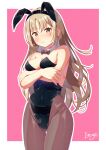  1girl absurdres animal_ears arms_under_breasts bare_shoulders black_bow black_bowtie blush bow bowtie breasts covered_navel crossed_arms detached_collar ear_blush fake_animal_ears highres light_brown_hair long_hair looking_at_viewer luvniji nijisanji outline playboy_bunny rabbit_ears signature sister_claire solo tearing_up virtual_youtuber wavy_mouth white_outline yellow_eyes 