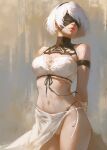  1girl 2b_(nier:automata) absurdres armband arms_behind_back bare_shoulders bikini black_armband black_blindfold black_hairband blindfold breasts bustier closed_mouth covered_eyes cowboy_shot hairband highres looking_to_the_side medium_breasts mole mole_under_mouth navel nier:automata nier_(series) red_lips sarong short_hair solo standing stomach swimsuit white_bikini white_bustier white_hair white_sarong wodeipoi 