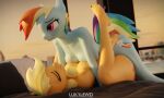  3d_(artwork) absurd_res anthro anthrofied applejack_(mlp) bed blonde_hair breast_squish breasts digital_media_(artwork) earth_pony equid equine female friendship_is_magic from_front_position furniture gynomorph gynomorph/female hair hasbro hi_res horse intersex intersex/female lukarts22 lying mammal missionary_position multicolored_hair my_little_pony obscured_penetration on_back on_bed pony purple_eyes rainbow_dash_(mlp) rainbow_hair sex squish 