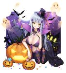  1girl animal ankkoyom bangs bat black_cat blunt_bangs blush bracelet breasts candy cape cat cleavage earrings facial_mark fangs food full_moon garter_straps gem ghost girls_frontline green_eyes hair_ornament halloween hat highres hk416_(girls_frontline) jack-o&#039;-lantern jewelry large_breasts lollipop long_hair mini_hat moon nail_polish necklace open_mouth silver_hair solo sparkle star_(sky) teardrop thighhighs tombstone top_hat 