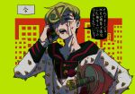  1boy blood blood_on_face blood_splatter blue_eyes carrying carrying_under_arm facial_mark green_hair hair_ornament hairclip higashikata_jobin highres hood hoodie jojo_no_kimyou_na_bouken jojolion male_focus open_mouth partially_translated plant potted_plant rokakaka solo speech_bubble spikes swampland talking_on_phone translation_request two-tone_background 