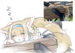  1girl animal_ear_fluff animal_ears arknights blonde_hair blue_hairband braid closed_eyes commentary_request fox fox_ears fox_girl fox_tail hairband highres kitsune long_hair photo-referenced photo_inset reference_inset semi_colon simple_background sketch sleeping suzuran_(arknights) tail white_background zzz 