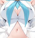  1girl absurdres armpit_crease blue_neckerchief breast_focus breasts cleavage close-up detached_sleeves front_slit highres hololive large_breasts mogmog_megmog navel neckerchief shirakami_fubuki shirakami_fubuki_(1st_costume) solo stomach strapless vest virtual_youtuber white_sleeves white_vest wide_sleeves 
