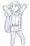  1boy :o arms_behind_head backpack bag chilchuck_tims cropped_legs dungeon_meshi gloves greyscale highres male_focus monochrome neck_warmer nemnem_11199 open_mouth pants short_hair simple_background solo very_short_hair vest white_background 