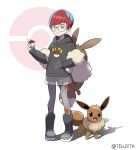  1girl backpack bag blue_hair boots brown_bag closed_mouth commentary_request eevee glasses hand_in_pocket highres holding holding_poke_ball hood hood_down hoodie long_sleeves multicolored_hair pantyhose penny_(pokemon) poke_ball poke_ball_(basic) poke_ball_symbol pokemon pokemon_(creature) pokemon_sv red_hair round_eyewear see-through see-through_skirt shorts shorts_under_skirt skirt smile standing tellzeta two-tone_hair 